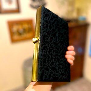 Vintage Crown Lewis Black Damask Satin and Brass Clutch Purse